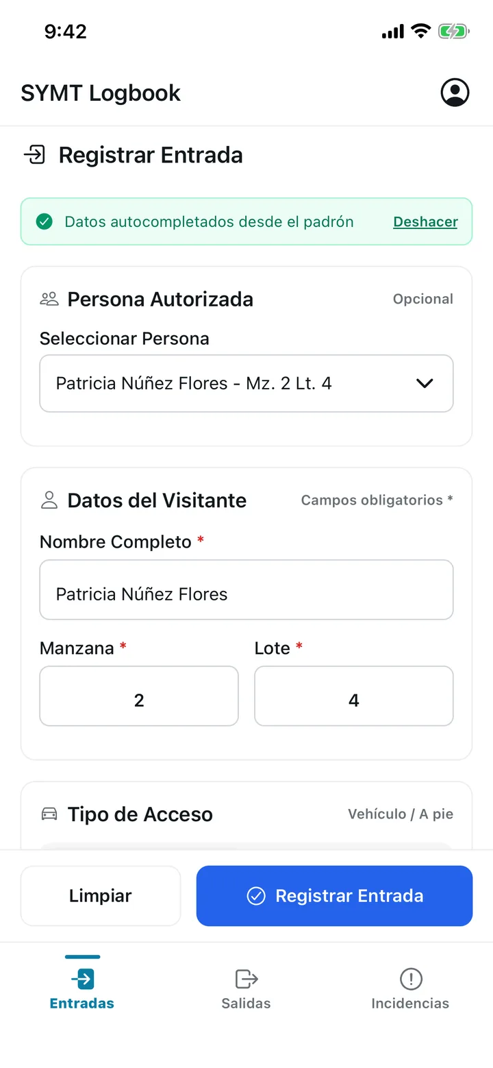 Formulario de entrada con la franja verde «Datos autocompletados desde el padrón»