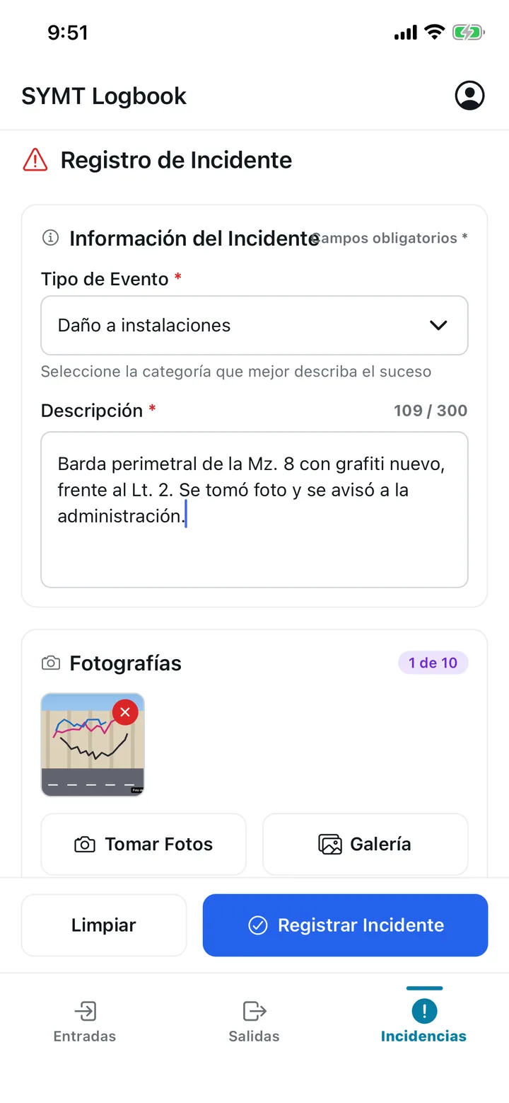 Registro de incidente «Daño a instalaciones» con descripción y una foto