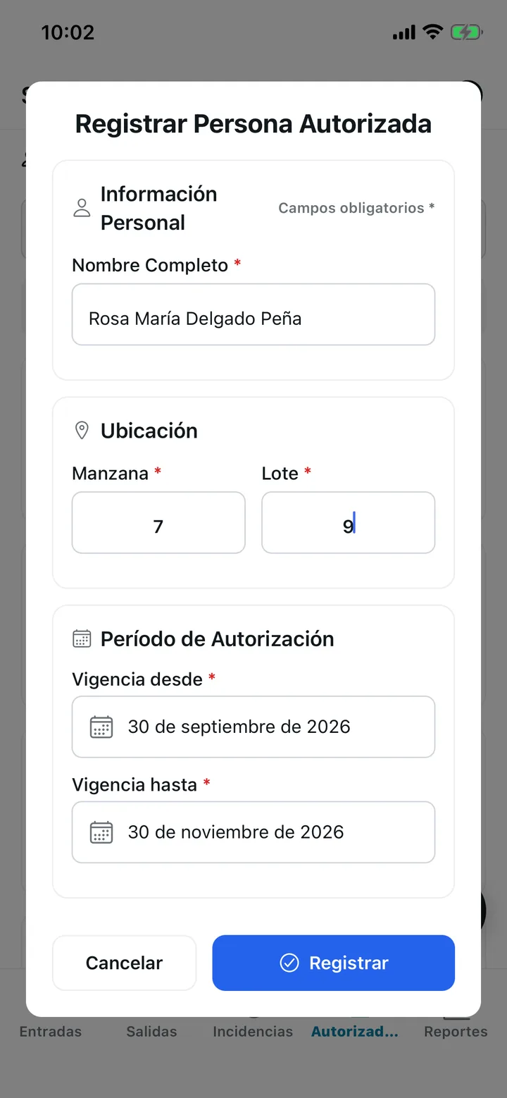 Alta de persona autorizada con nombre, manzana, lote y periodo de autorización