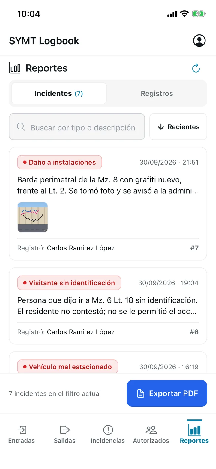 Reportes de incidentes: daño a instalaciones, visitante sin identificación