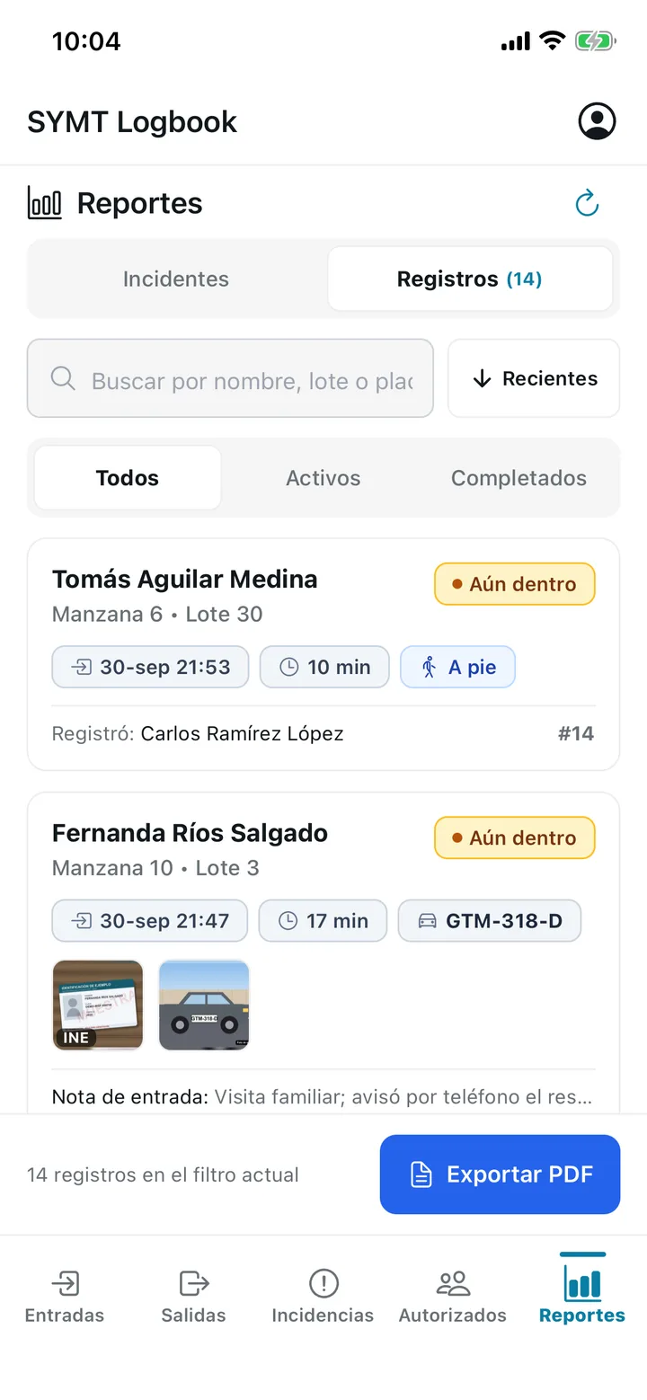 Registros de entrada y salida con estado Aún dentro o Completado